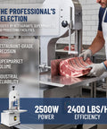 Heavy Duty 2500W Electric Meat Band Saw Commercial Bone Cutting Heavy Hitter With Adjustable Stainless Steel Tabletop in use slicing ribs.