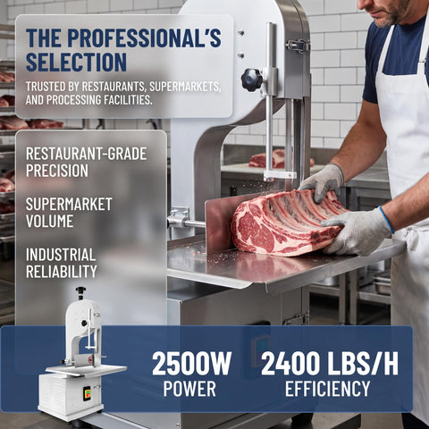 Heavy Duty 2500W Electric Meat Band Saw Commercial Bone Cutting Heavy Hitter With Adjustable Stainless Steel Tabletop in use slicing ribs.