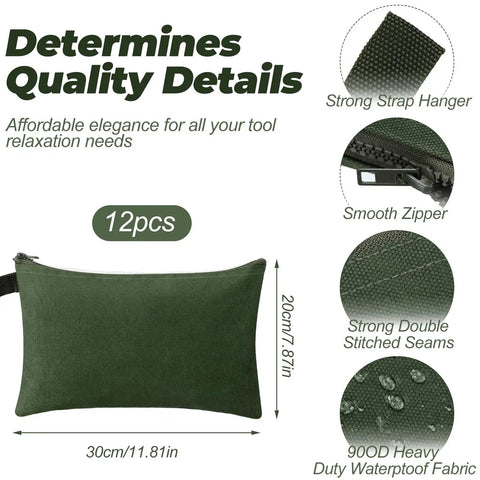 Infographic of 12 Pack Canvas Tool Bags With Zippers Heavy Duty 16 Oz Utility Pouches with quality features shown in army green.