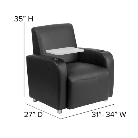 George LeatherSoft Guest Chair With Tablet Arm And Cup Holder For Offices And Waiting Rooms, dimensions labeled