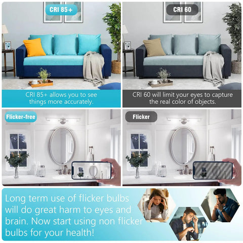 Comparison of living room and bathroom with CRI 85+ and CRI 60 lighting, showing color accuracy and flicker effects.