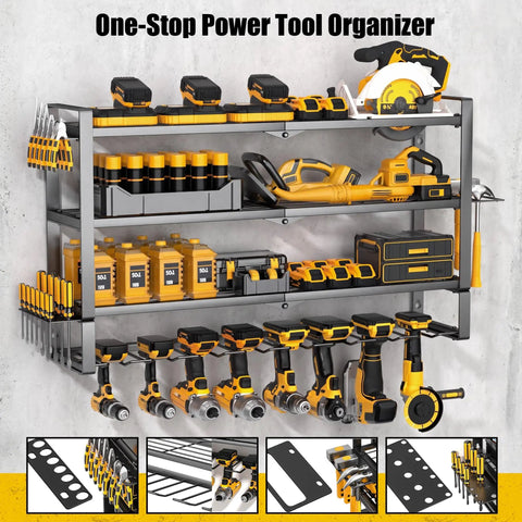 Large Power Tool Organizer Wall Mount 4 Tier Heavy Duty Metal Storage Rack Holds 400lbs With 8 Cordless Drill Holders