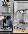 Mobile Garden Tool Organizer Metal Garage Storage Holder For Long Tools Heavy Duty Yard Rack with rolling casters and tool cart.