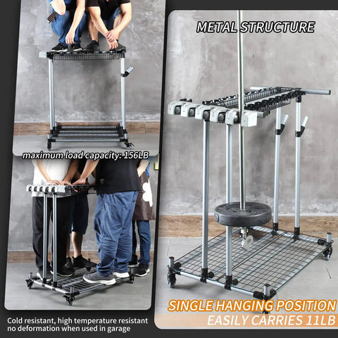 Mobile Garden Tool Organizer Metal Garage Storage Holder For Long Tools Heavy Duty Yard Rack with rolling casters and tool cart.