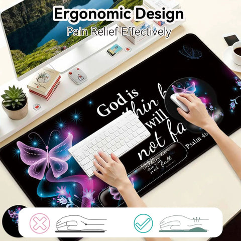 4 In 1 Desk Mat Set With Keyboard And Mouse Pad And Wrist Rest Large Computer Desk Pad For Home Office Purple Butterflies Design with Psalm 46:5