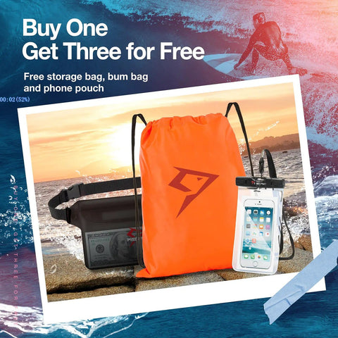 Floating Waterproof Dry Backpack With Waist Pouch And Phone Case 20L Orange with included phone pouch and bum bag.