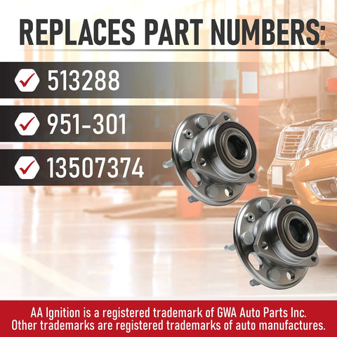 Front Or Rear Wheel Hub Bearing Assembly Set Of 2 For Buick Cadillac Chevrolet GMC Vehicles Fits Lacrosse CTS Equinox Impala Malibu Terrain Replaces 513288 951-301 13507374 Smooth Spin Quiet Ride Easy Install Beef Up Your Ride displayed with compatible part numbers.