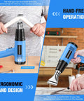 1800W Heat Gun Kit with Dual Temp 572F and 1112F, ergonomic hand design, shown in workshop environment with accessories