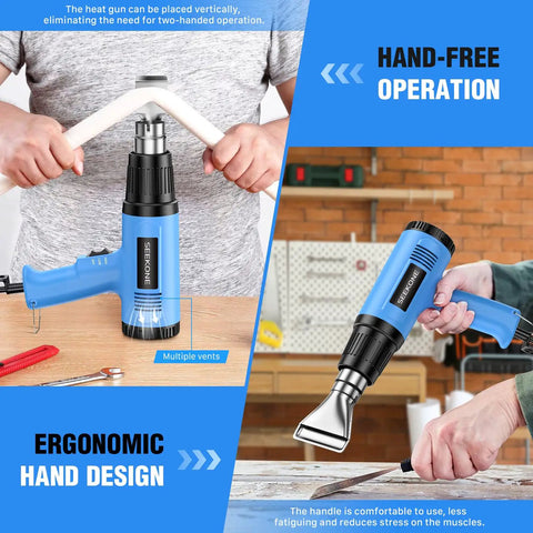 1800W Heat Gun Kit with Dual Temp 572F and 1112F, ergonomic hand design, shown in workshop environment with accessories