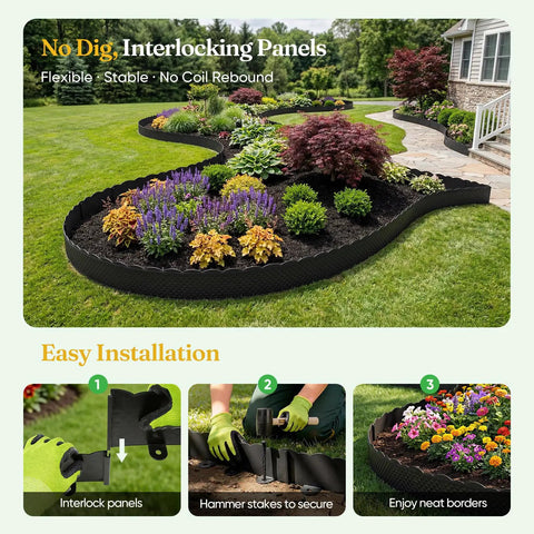 No Dig Landscape Edging Kit With Interlocking Panels For Yard And Flower Beds, Flexible Decorative Garden Border, easy install
