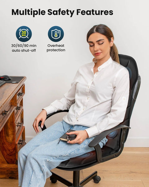 Woman using Back Massager With Heat And Vibration, Seat Cushion With 8 Massage Nodes And 5 Modes, Adjustable Chair Massager Pad
