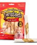 American Beefhide 5 Inch Chip Rolls Dog Chew Treats With Real Beef Meat Wrap, 8 Pack package and two chews shown separately