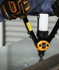 Person using 13 Inch Beefy Heavy Duty Hand Riveter with Double Compound Hinge on metal sheet