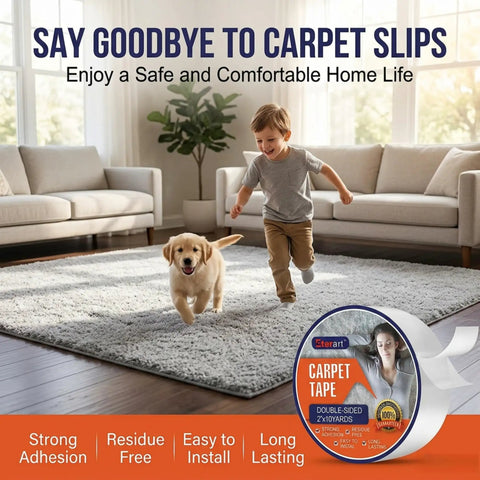 Heavy Duty Tough Double Sided Carpet Tape Fiberglass Reinforced Residue Free Rug Tape For Hardwood Floors And Tile Hand Tearable Anti Slip Safety For Kids And Pets 2 Inches By 10 Yards White with a child and dog on a rug