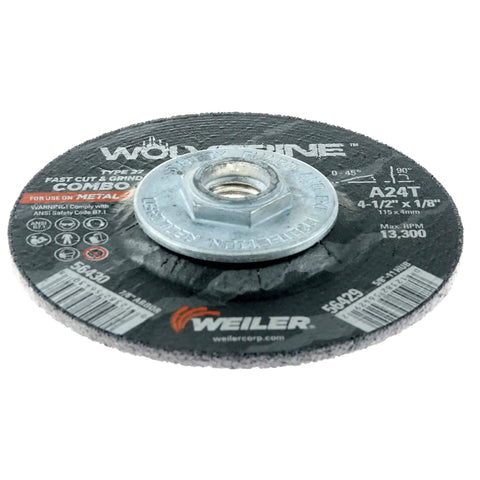Wolverine Type 27 Cut And Grind Combo Wheel A24T Aluminum Oxide 4.5 inch diameter 1/8 inch thick with 5/8 inch 11 UNC nut