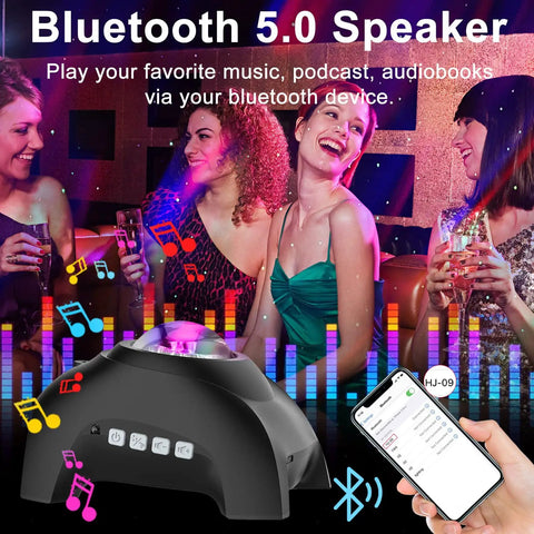 Group enjoying party with music, featuring Galaxy Aurora Light Projector With 33 Effects, Bluetooth Speaker And White Noise Machine.