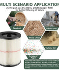 Red Stripe Vacuum Cartridge Filter Replacement For Wet Dry Vacuums 5 To 32 Gallon And Larger 2 Pack shown with usage examples.