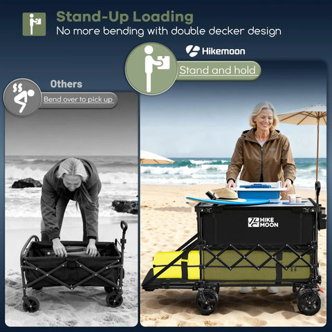 Double Decker Wagon With 54 Inch Tailgate 400 L Total Capacity Heavy Duty 560 Lbs Foldable Utility Cart in use on beach
