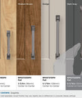 Comparison of Westerly Graphite Cabinet Pulls and finishes on wood surfaces: Maple, Medium Brown, Greige, Dark Gray, 1 Pack hardware.
