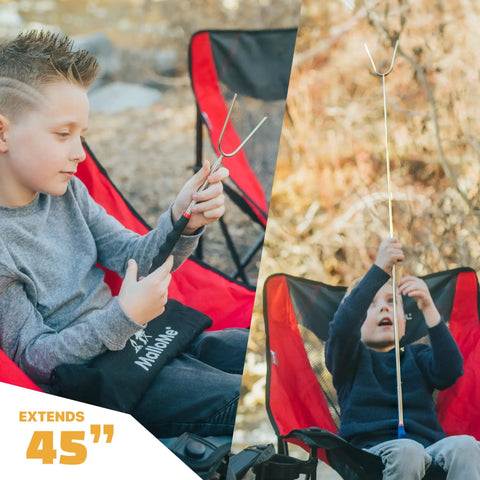 Children using 45 Inch Extra Long Marshmallow Roasting Sticks Kit For Campfire Smores, 4 Pack Telescoping Skewers, outdoors.