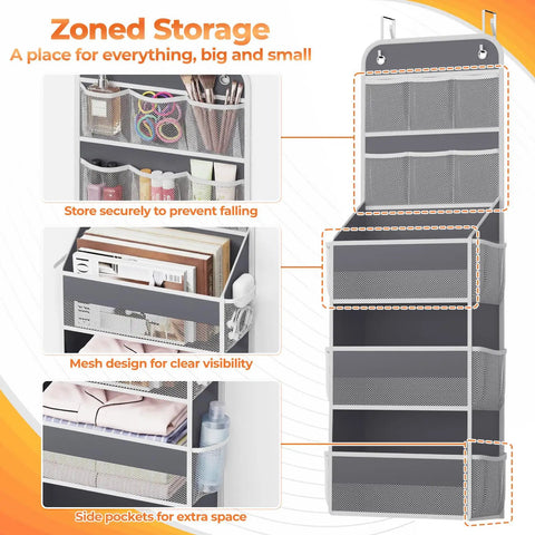 Five Tier Over The Door Organizer With Mesh Pockets For Grab And Go Closet Bathroom And Bedroom Storage Adjustable Hanging Organizer For Cosmetics Books And Everyday Essentials Dark Grey showing compartments and storage zones