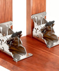 Rock Solid Workhorse Folding Brackets 0 To 180 Degrees Self Locking Hinges on a wooden surface.