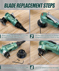 Blade replacement steps for Mini Pneumatic Chamfering Tool, showing green handheld design and parts visibility.