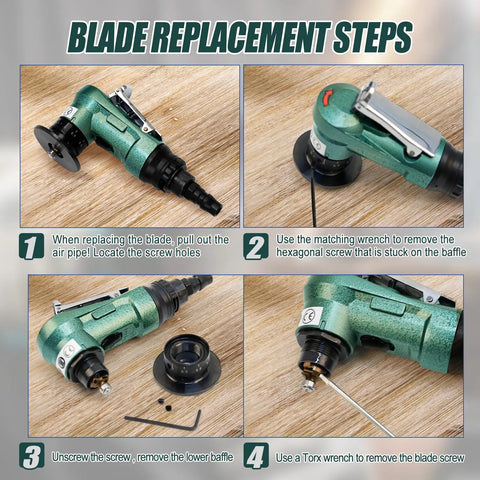 Blade replacement steps for Mini Pneumatic Chamfering Tool, showing green handheld design and parts visibility.