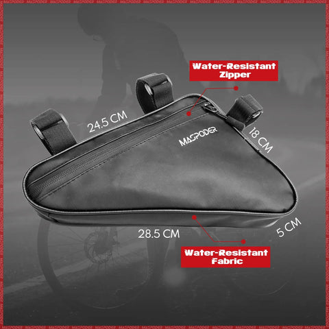 Water-resistant frame bag with dimensions for Beginner Friendly Ride Ready Bike Tool Kit With Frame Bag 120 Psi Mini Pump 17 In 1 Multitool 10 In 1 Hex Wrench 3 In 1 Tire Lever And Patches For Road And Mountain Bikes