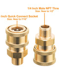 Front view of two brass pressure washer couplers: 1/4 in quick-connect socket and 1/4 in NPT male thread, 2-pack