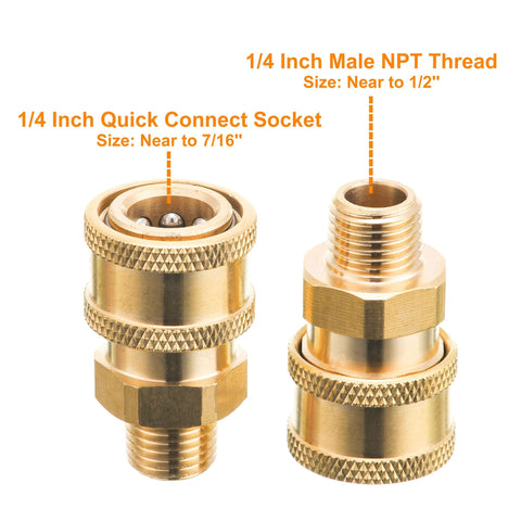 Front view of two brass pressure washer couplers: 1/4 in quick-connect socket and 1/4 in NPT male thread, 2-pack