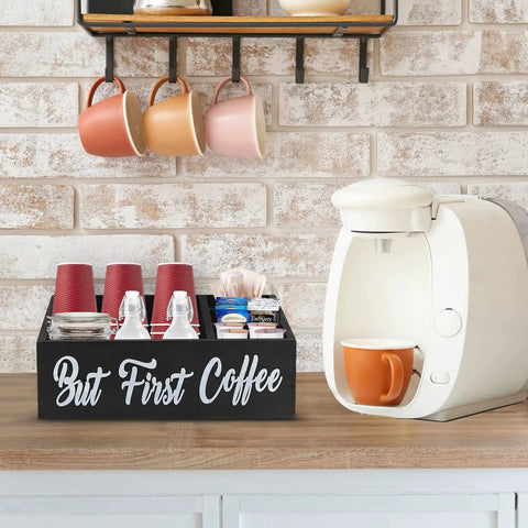 Boss Farmhouse Style Coffee Station Organizer For Countertop With Four Compartments beside a coffee machine on countertop