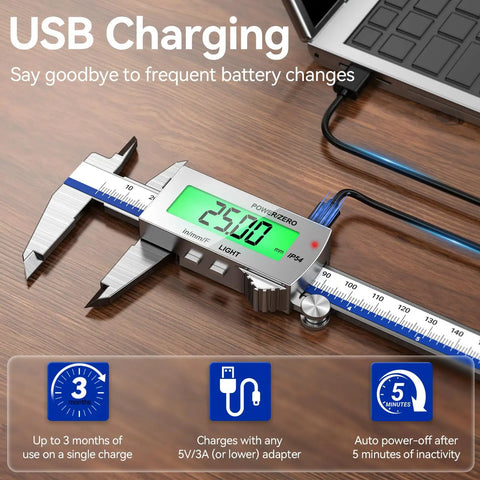 Backlit 6 Inch Digital Caliper With Rechargeable Battery IP54 Waterproof Large LCD Screen In mm And Fraction Conversions on desk