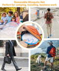 Outdoor collage featuring Foldable Pop Up Mosquito Net Tent For Camping And Travel, Lightweight 3 Oz Head Net Bed Netting.