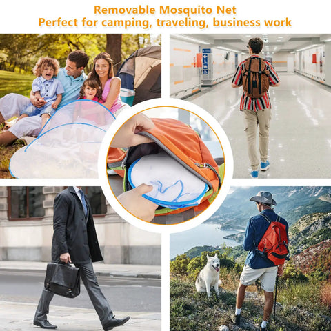 Outdoor collage featuring Foldable Pop Up Mosquito Net Tent For Camping And Travel, Lightweight 3 Oz Head Net Bed Netting.