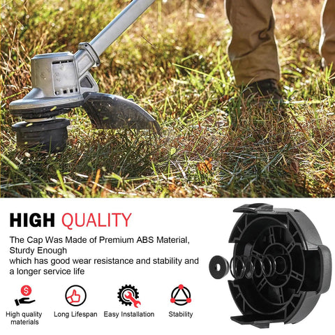 DWO1DT995 Weed Trimmer Head Cap Replacement for Dewalt Weedeater with spring, shown in use and detailed view