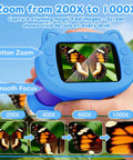 1000X Handheld Digital Microscope For Kids With USB Connection Real Time Live View Easy To Use Macro Zoom For Leaves Insects Coins Textures Fabrics And Stamps Kid Friendly STEM Toy In A Bright Blue Color, shown in hand
