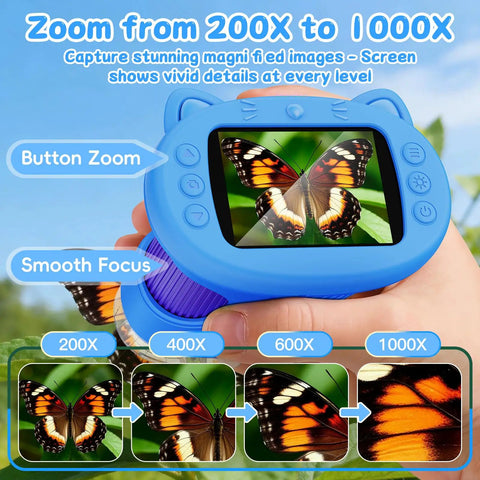 1000X Handheld Digital Microscope For Kids With USB Connection Real Time Live View Easy To Use Macro Zoom For Leaves Insects Coins Textures Fabrics And Stamps Kid Friendly STEM Toy In A Bright Blue Color, shown in hand