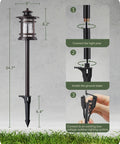 Diagram showing assembly steps for Low Voltage Pathway Lights Set, 3.4W 155LM 12V 3000K Warm Outdoor LED, with sizing details