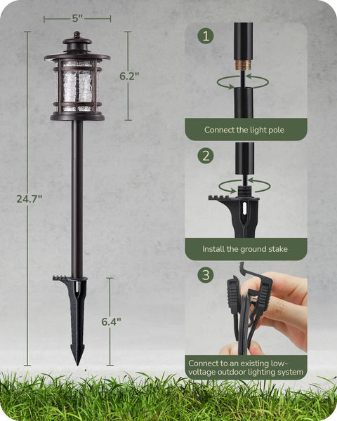 Diagram showing assembly steps for Low Voltage Pathway Lights Set, 3.4W 155LM 12V 3000K Warm Outdoor LED, with sizing details