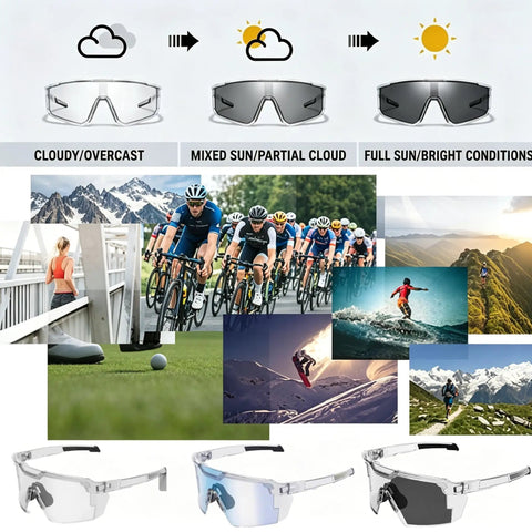 Top Shelf Photochromic Safety Glasses With UV400 Polarized Lenses, displaying transition from cloudy to bright conditions.