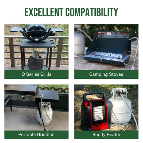 5 Foot Propane Hose Adapter For 1lb To 20lb Converters shown with grills, griddles, stoves, and heaters on various setups