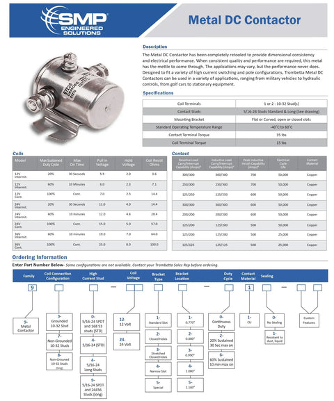 Built Tough 24 Volt Metal DC Contactor With Thick Copper Contacts Rated For 100 Percent Continuous Duty Work On Trucks Tractors And Solar Arrays Featuring Standard Mount Bracket And Complete Hardware Bundle detailed specifications sheet.