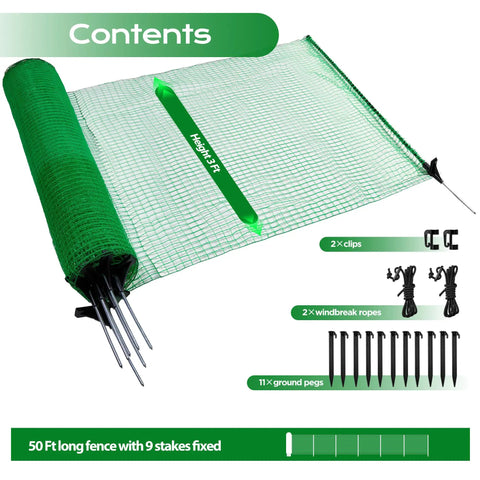 Movable Temporary Fence With Posts 3 Ft By 50 Ft Plastic Mesh Safety Barrier for Dogs and Pets with Fiberglass Stakes and Windbreak Rope