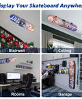 Skateboard Deck Wall Mount 360-Degree Rotating Hanger extending floating display in stairwell, ceiling, room, and garage.