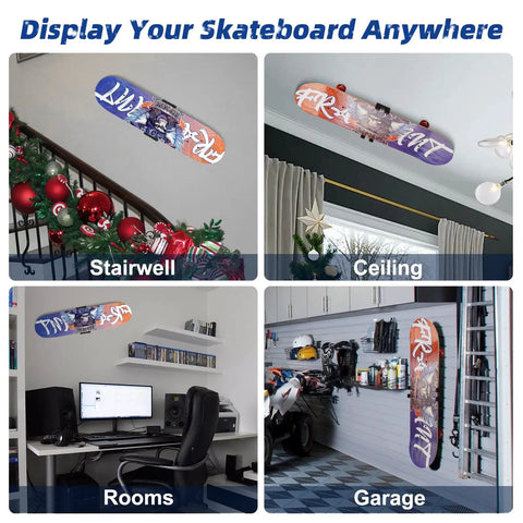 Skateboard Deck Wall Mount 360-Degree Rotating Hanger extending floating display in stairwell, ceiling, room, and garage.