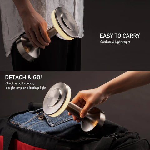 Person holding Portable LED Table Lamp With Touch Sensor, Three Level Brightness, 1500mAh Rechargeable Battery, Silver