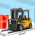 2 In 1 RC Forklift Toy With Transforming Lift And Hook Crane 11 Channel Remote Control Vehicle beside soda can size reference