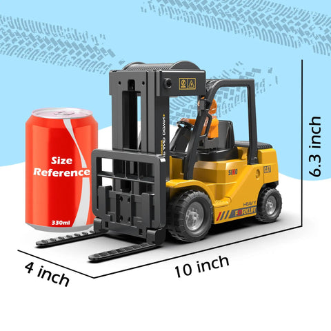 2 In 1 RC Forklift Toy With Transforming Lift And Hook Crane 11 Channel Remote Control Vehicle beside soda can size reference