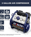 Pro Level 2 Gallon Air Compressor With 3/4 Hp Oil Free Pump and Whisper Quiet Under 60 Db Run handling 125 Psi, showing controls and dimensions.